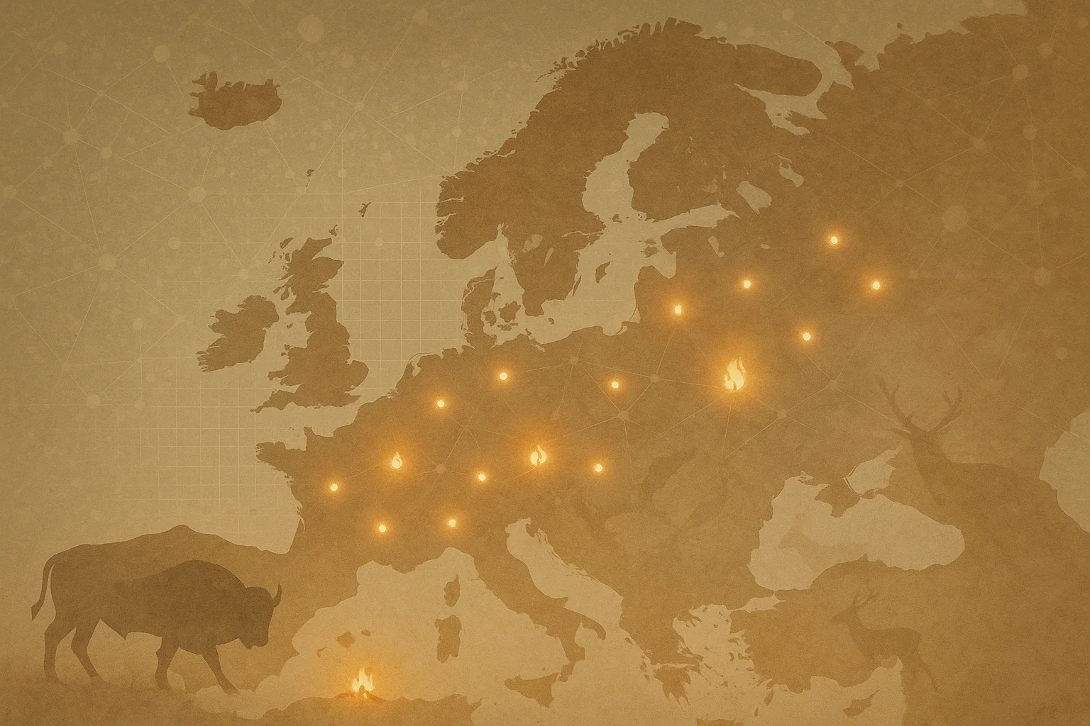Symboliczna mapa Europy z zaznaczonymi obszarami pożarów i obozowisk łowców-zbieraczy, okres późnego plejstocenu i wczesnego holocenu