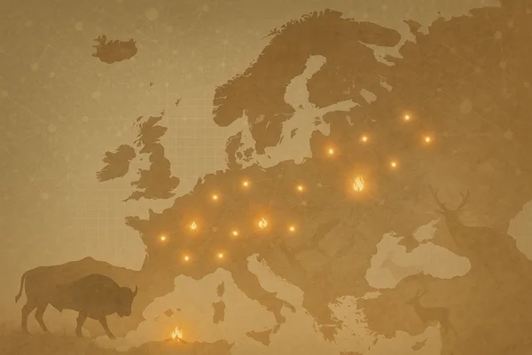 Symboliczna mapa Europy z zaznaczonymi obszarami pożarów i obozowisk łowców-zbieraczy, okres późnego plejstocenu i wczesnego holocenu
