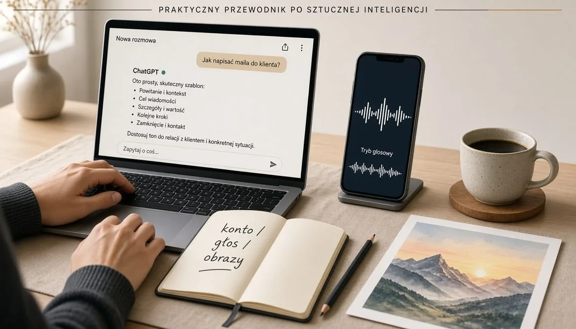 Biurko z laptopem, telefonem w trybie głosowym, notesem z napisem „konto / głos / obrazy” i akwarelą gór. Ilustracja AI do poradnika ChatGPT 2026.