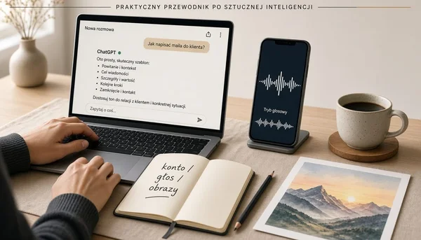 Biurko z laptopem, telefonem w trybie głosowym, notesem z napisem „konto / głos / obrazy” i akwarelą gór. Ilustracja AI do poradnika ChatGPT 2026.