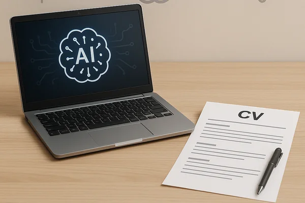 Laptop i szkic CV obok symbolicznych ikon AI, ilustracja do poradnika o tworzeniu CV ze wsparciem sztucznej inteligencji.