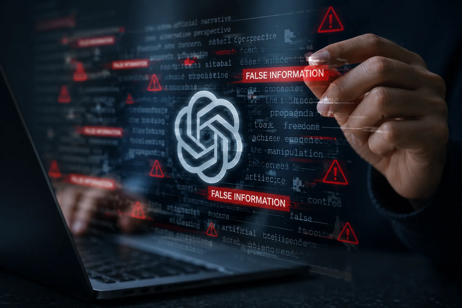 Osoba przy komputerze analizująca fałszywą stronę pobierania aplikacji AI i ostrzeżenie o cyberzagrożeniu