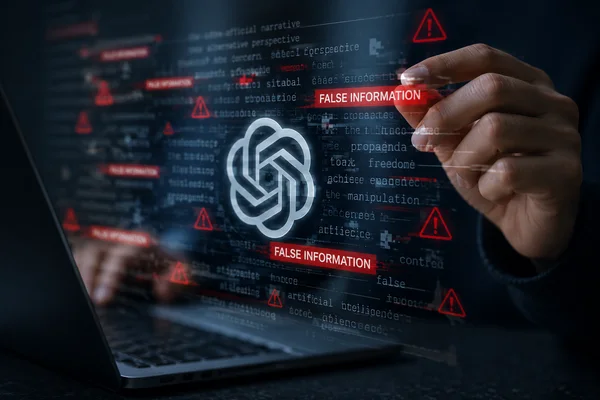 Osoba przy komputerze analizująca fałszywą stronę pobierania aplikacji AI i ostrzeżenie o cyberzagrożeniu