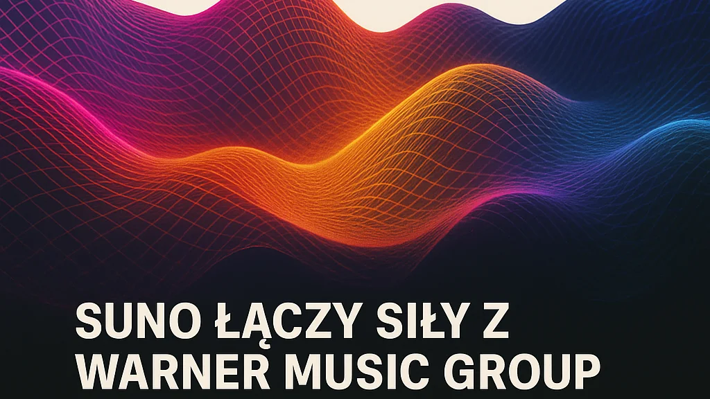 Logo Suno obok logo Warner Music Group na tle abstrakcyjnej fali dźwiękowej symbolizującej muzykę generowaną przez AI, układ poziomy 3:2