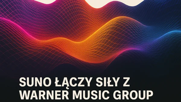 Logo Suno obok logo Warner Music Group na tle abstrakcyjnej fali dźwiękowej symbolizującej muzykę generowaną przez AI, układ poziomy 3:2