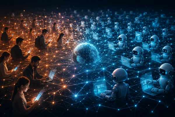 Abstrakcyjna wizualizacja internetu przejmowanego przez boty i agentów sztucznej inteligencji